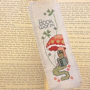 Handmade Cross-Stitch Bookmark with Mushroom and bookworm Design